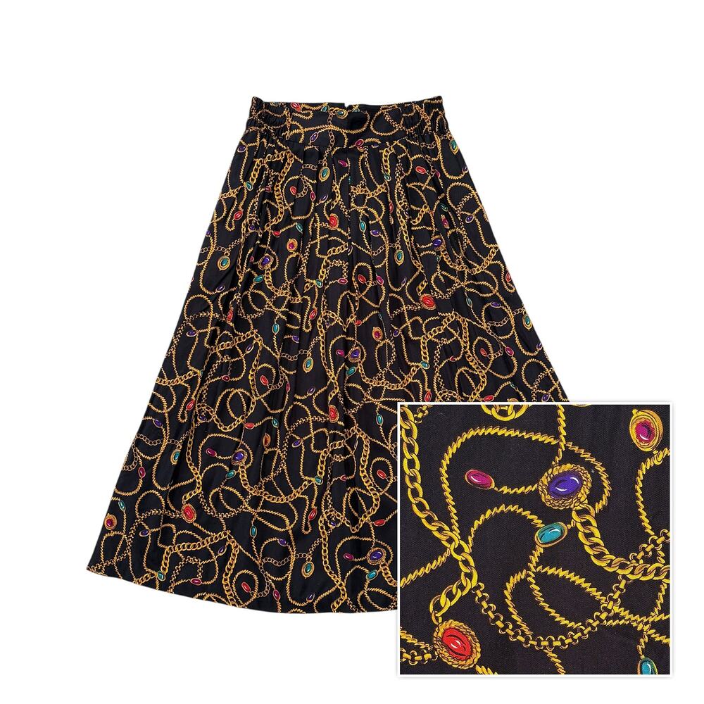 VTG Fundamental Things Jewel Midi Skirt Sz XS S Black Gold Colorful Retro Flowy